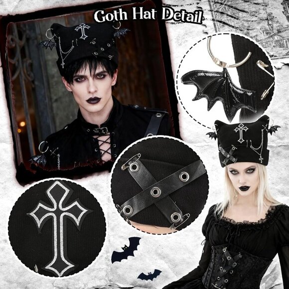 Gothic Punk Beanie Black Cat Ears Y2K Knit Cap Bat Wing Cross Chain Accessories main image 4